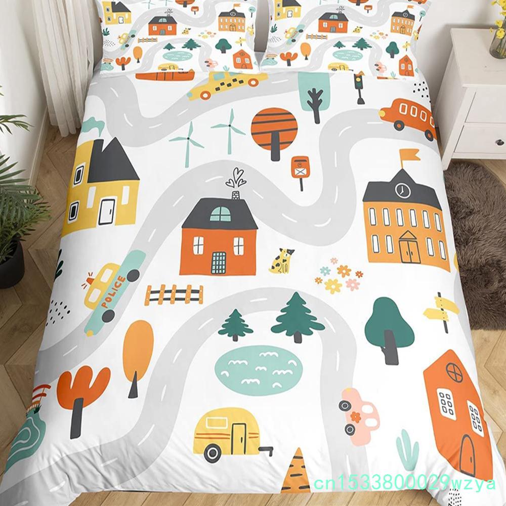 Детский мультяшный комплект пододеяльника с принтом машинок, комплект постельного белья с изображением города, улицы, дороги, из микрофибры, чехол для одеяла размера твин, квин