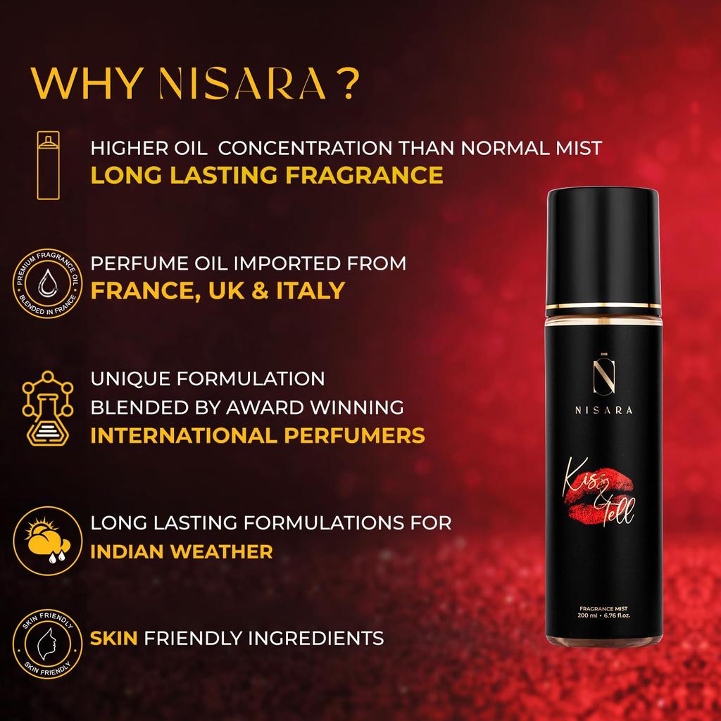 Nisara Kiss & Tell Спрей для тела для женщин - 200 мл | Цветочный древесно-мускусный аромат | с нотами розы, белого мускуса и ванили | Стойкий спрей