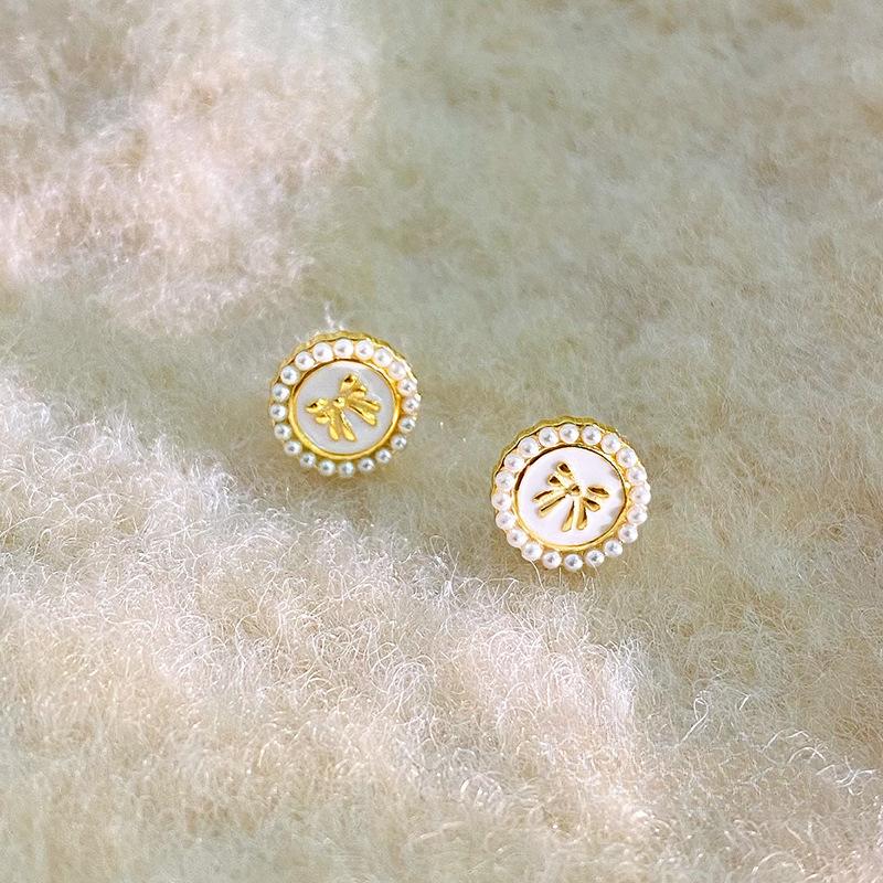 Серьги-гвоздики с круглыми французскими жемчужинами и цветком-бантом для женщин, ретро-темперамент и милые серьги