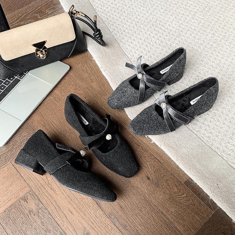 Серые туфли-лодочки с бантом, женские зимние туфли с волосами, модная верхняя одежда, нежный стиль феи, толстый каблук, туфли Мэри Джейн