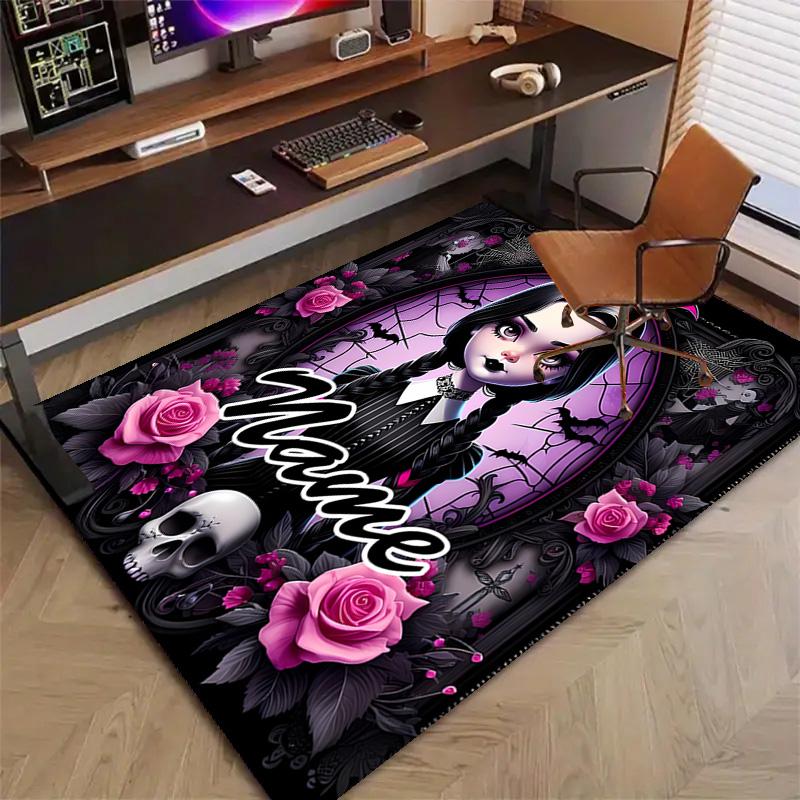 Custom Addams Family Wednesday Mat Personalized Name, Polyester Washable Indoor Entryway Rug, Gift for Christmas, Easter, Thanksgiving Day