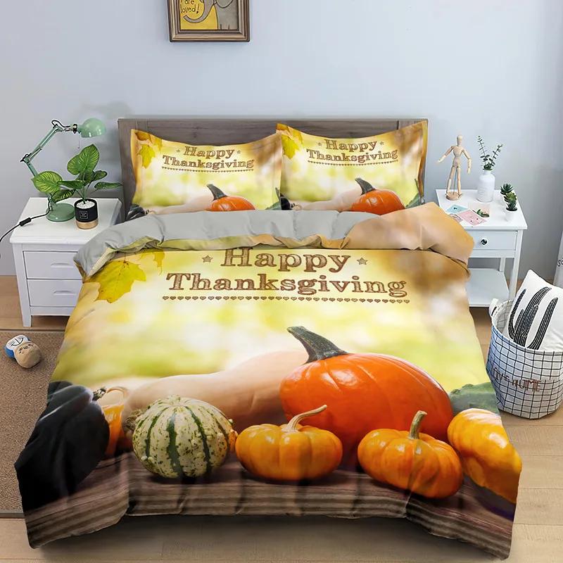 Autumn Thanksgiving Day Duvet Cover King Queen Cartoon Orange Pumpkin Turkey Bedding Set Maple Leaves Soft Polyester Quilt Cover