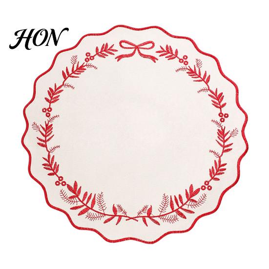 Heat Insulation Pads for Dinner Plates Embroidered Round Placemat, 15 Inch Scalloped Leaf Bow Embroidery Kitchen Accessories Home Dining Washable