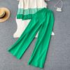Осень-весна повседневные трикотажные комплекты с высоким воротником в полоску пуловер с разрезом + широкие длинные брюки женский модный свободный костюм-свитер