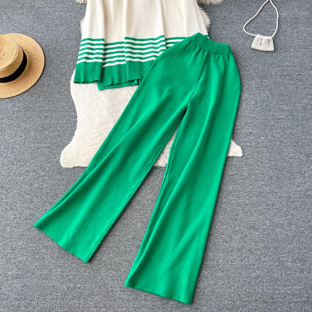 Осень-весна повседневные трикотажные комплекты с высоким воротником в полоску пуловер с разрезом + широкие длинные брюки женский модный свободный костюм-свитер