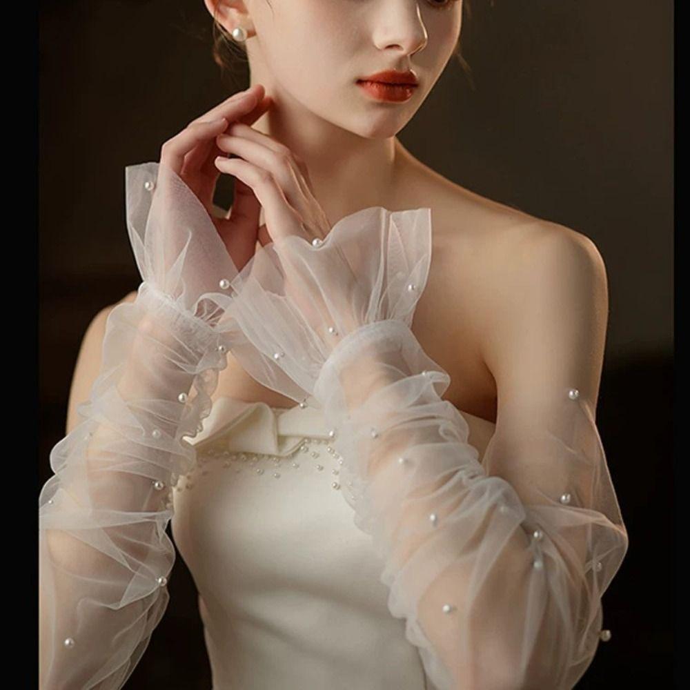 Белые Длинные Свадебные Перчатки Универсальные Складчатые Тюлевые Жемчужные Наручи Свадьба, Конкурс Красоты, Выпускной