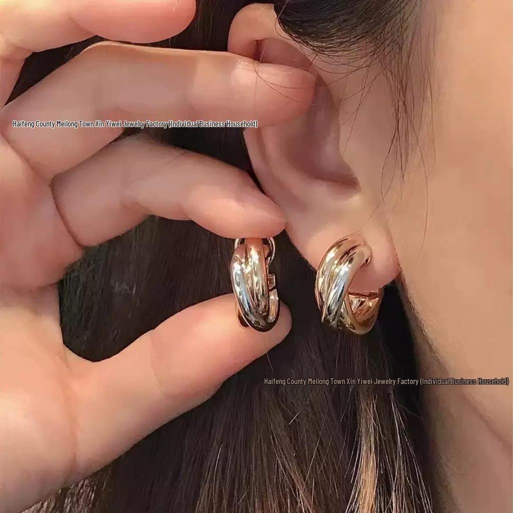 Элегантные трехцветные серьги с тремя кольцами - Женские украшения из розового золота