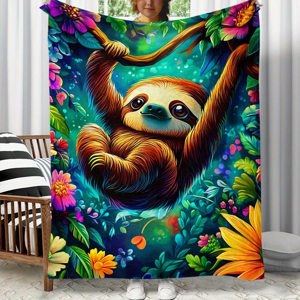 Charming sloth hanging tree tropical flowers flannel blanket jungle animal art vibrant colors boho decor nature lover blanket