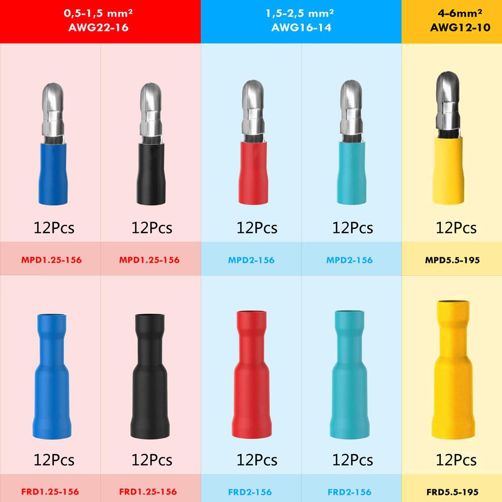 Набор кабельных наконечников 120 шт. Круглые штекеры и круглые разъемы Обжимные соединители Ассортимент Кабельные наконечники Круглые стыковые соединители для автомобиля