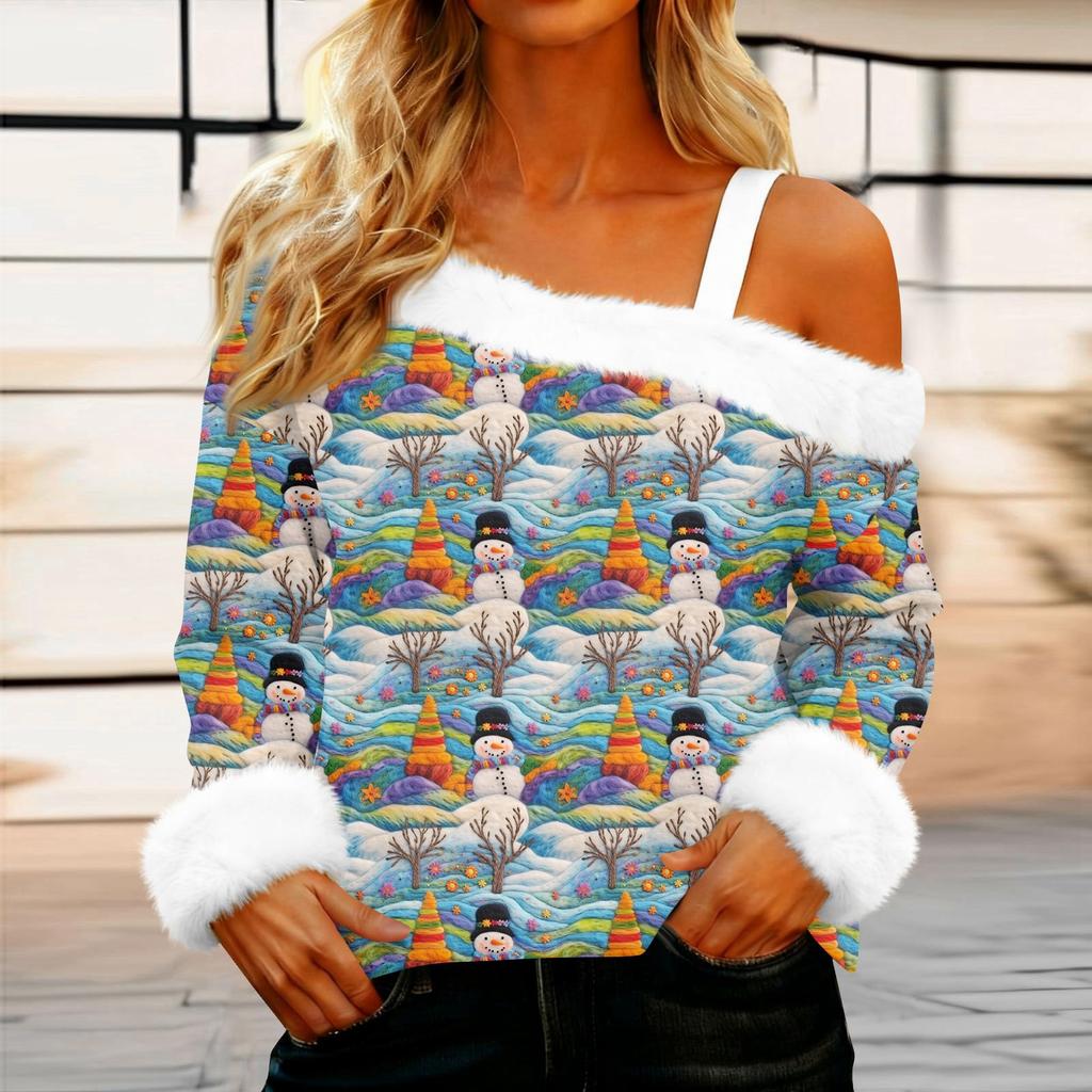 Women's Off-the-shoulder Plush Neck Printed Long-sleeved Pullover T-shirt Top