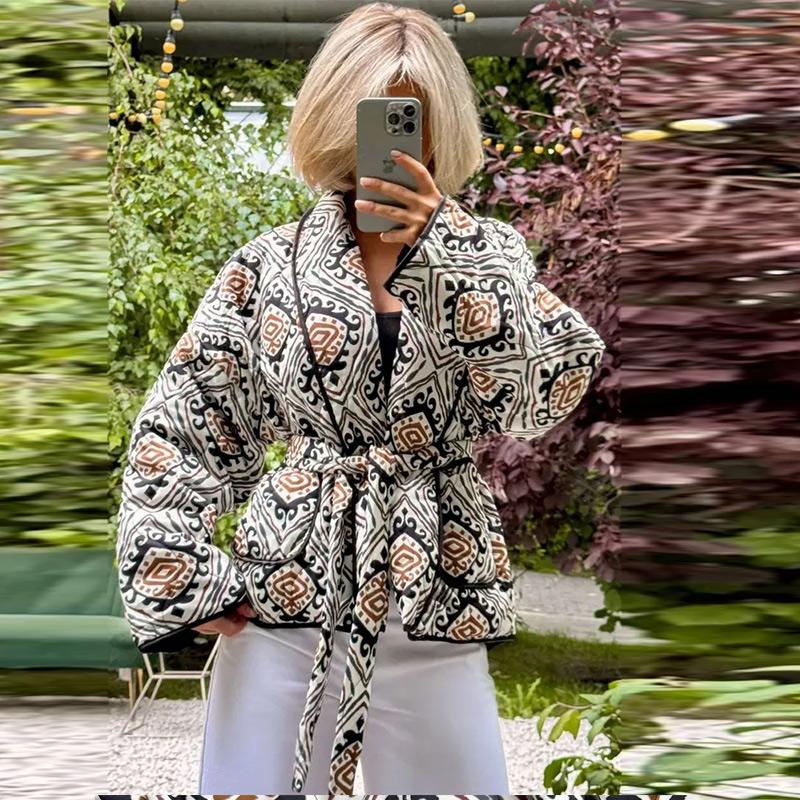 Printed Lace Up Cotton Jacket Lapel Cardigan Thick Warm Women's Oversize Coat Retro Ethnic Style Autumn/Winter 2025