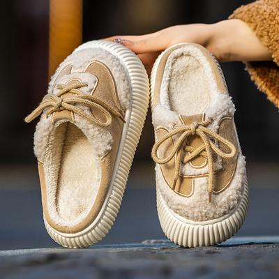Новые эластичные шнурки хлопковые тапочки осень и зима теплые плюшевые тапочки для дома в помещении пушистые туфли
