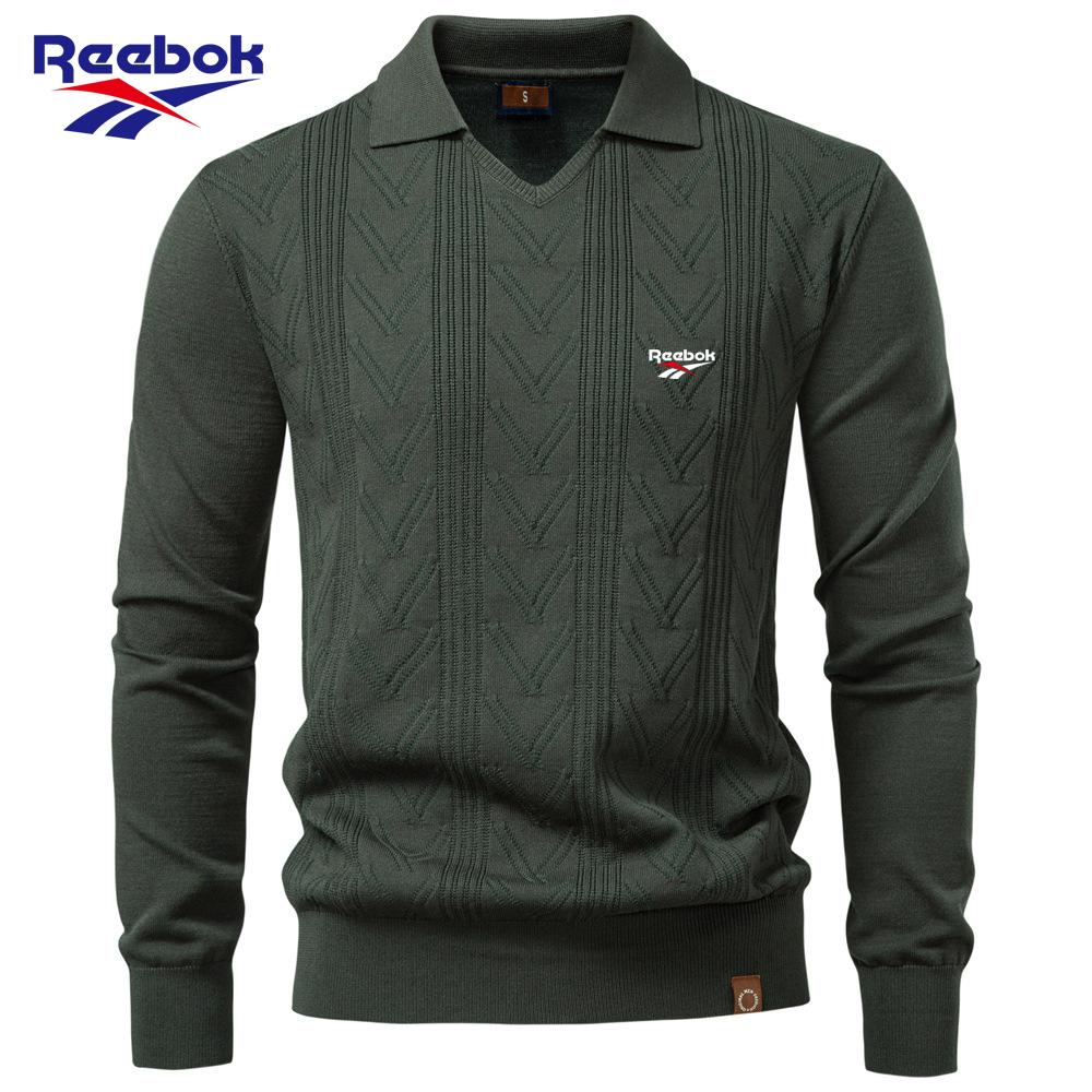 Reebok 2026 Осень-Зима Новый Мужской Жаккардовый Свитер с Вышивкой Мужской Пуловер Однотонный V-образный Вырез Вязаный Свитер Мужской