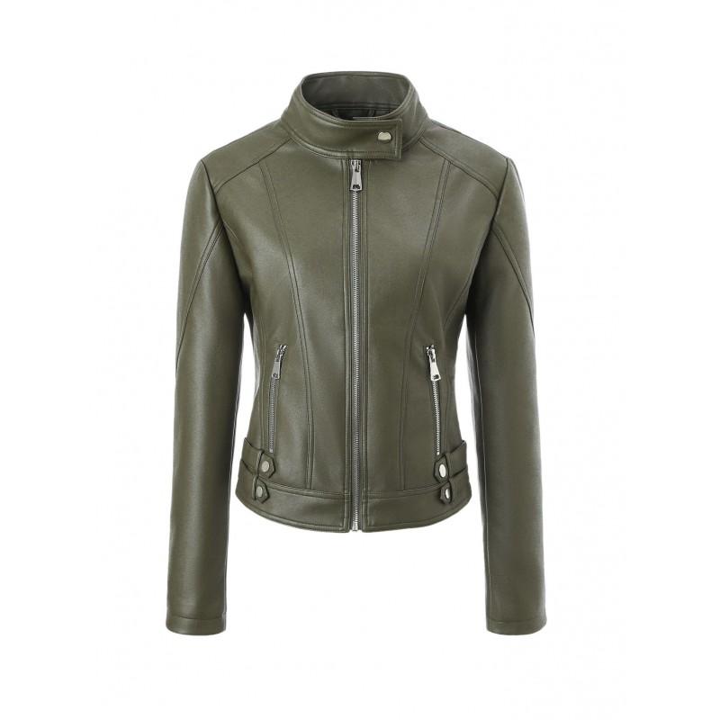 Womens Slim Fit PU Leather Jacket Stand Collar Long Sleeve Casual Streetwear Commute