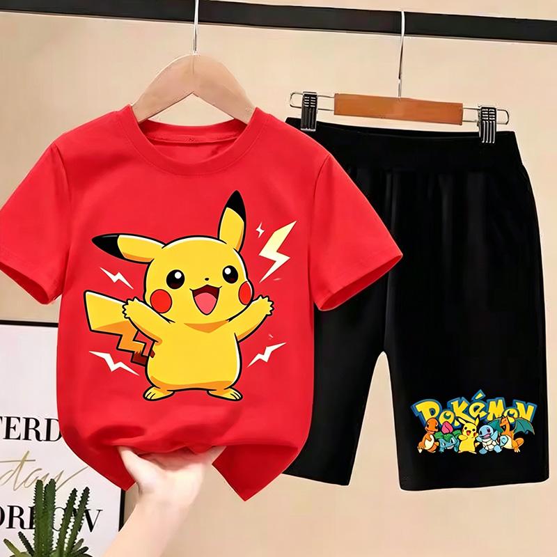 Футболка Пикачучу Детская Мальчики Девочки 2026 pokemon Летняя Футболка с коротким рукавом и Шорты Комплекты из 2 предметов Наряды для Малышей Девочек Детский Повседневный Спортивный Костюм