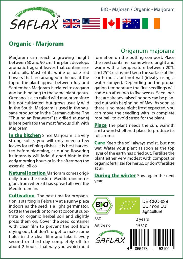 SAFLAX Garden in the Bag - Органический - Майоран - 700 семян - С субстратом в удобном стоячем пакете - Origanum majorana