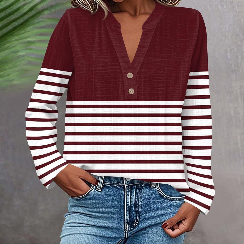 Women's Fashionable And Casual Shirt Long Sleeve V-neck Button Printed Blouse Top