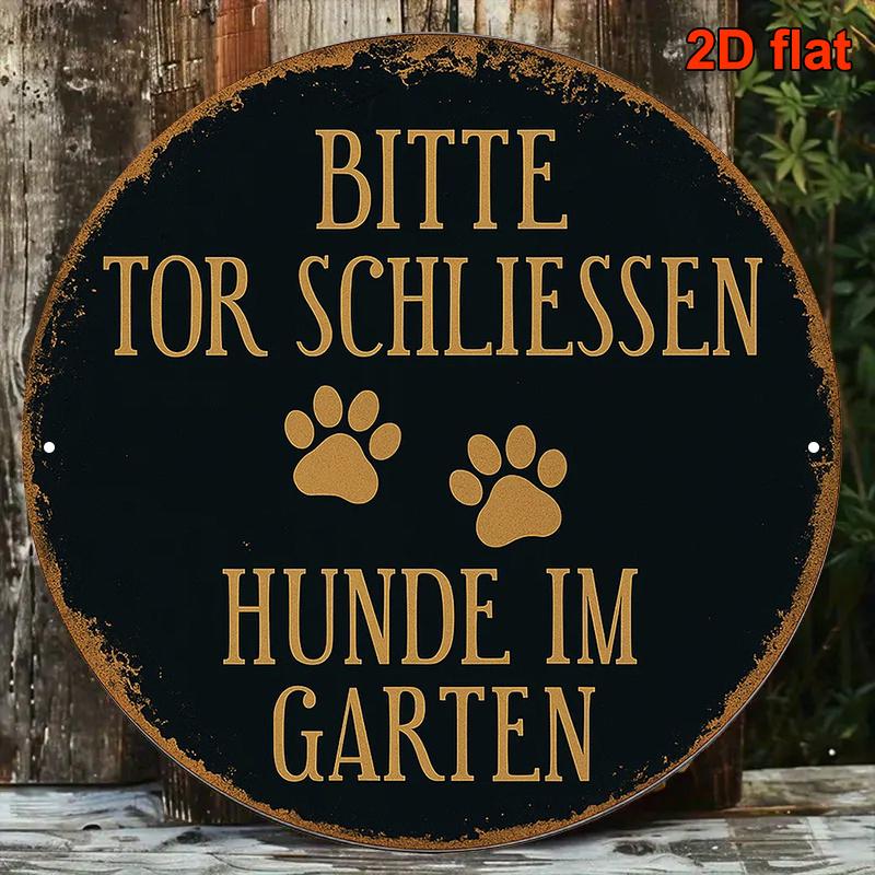 HD Tin Sign Bitte Tor Schliessen Hunde Im Garten Round Vintage Metal Wall Art Retro Garden Decor