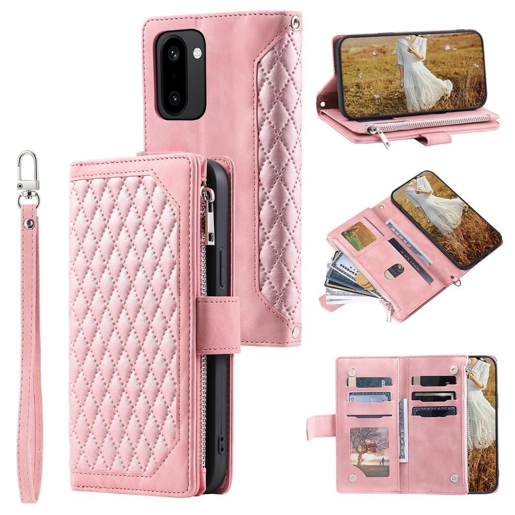 For OnePlus 15R 5G Wallet Case Rhombus Stitching Line PU Leather Phone Cover with Wrist Strap