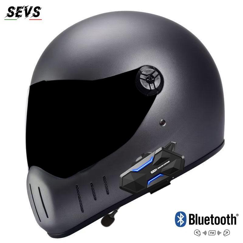 Full Face Motorcycle Helmet With 8-Rider Bluetooth Intercom Retro Pig Nose Design Cruiser Riders Unisex ABS