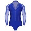 Mens Latin Dance Leotard Lapel Collar Sheer Mesh Patchwork Long Sleeve Sparkly Rhinestone Bodysuit Tango Costume