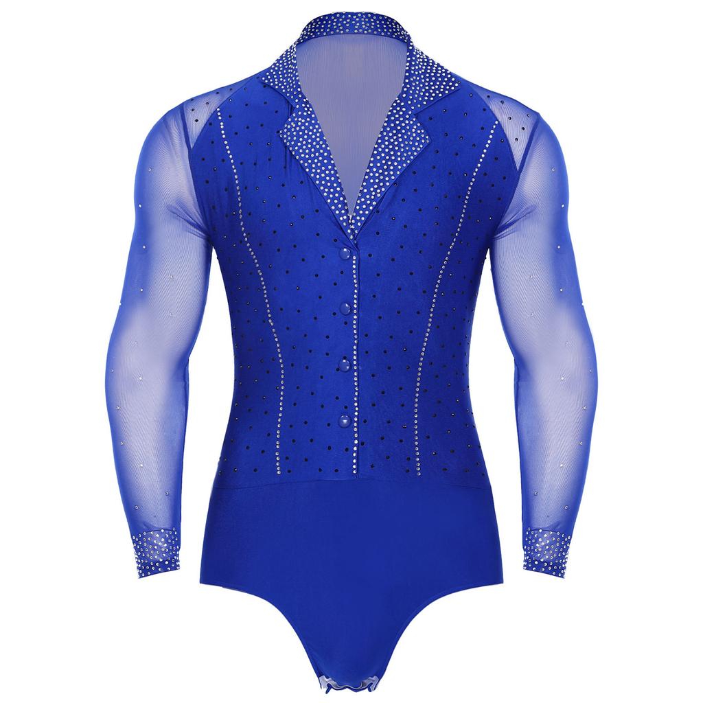 Mens Latin Dance Leotard Lapel Collar Sheer Mesh Patchwork Long Sleeve Sparkly Rhinestone Bodysuit Tango Costume