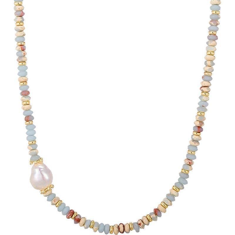 Natural stone disc-shaped pendant necklace, Baroque freshwater pearl, colorful Shoushan stone, French romantic clavicle chain for women