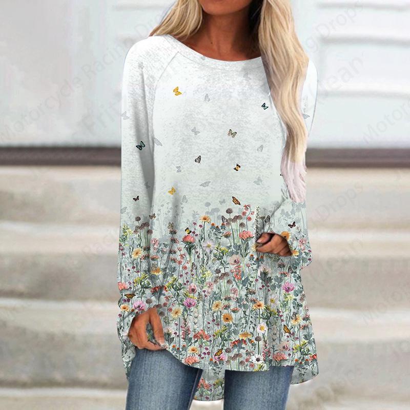 Футболки с 3D-принтом «Цветы и растения», женская модная футболка, топы с длинным рукавом, футболки с цветочным принтом, повседневная длинная туника, простой топ в стиле Харадзюку