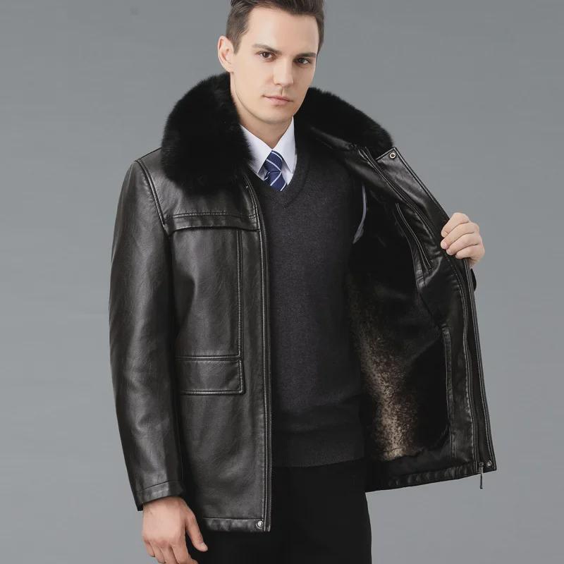 Men's Winter Sheepskin Leather Jacket with Detachable Liner and Real Fur Collar