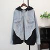 Autumn and Winter New Loose Casual Hooded Design Sweater Jacket Femininity Splicing Denim Knitted Cardigan