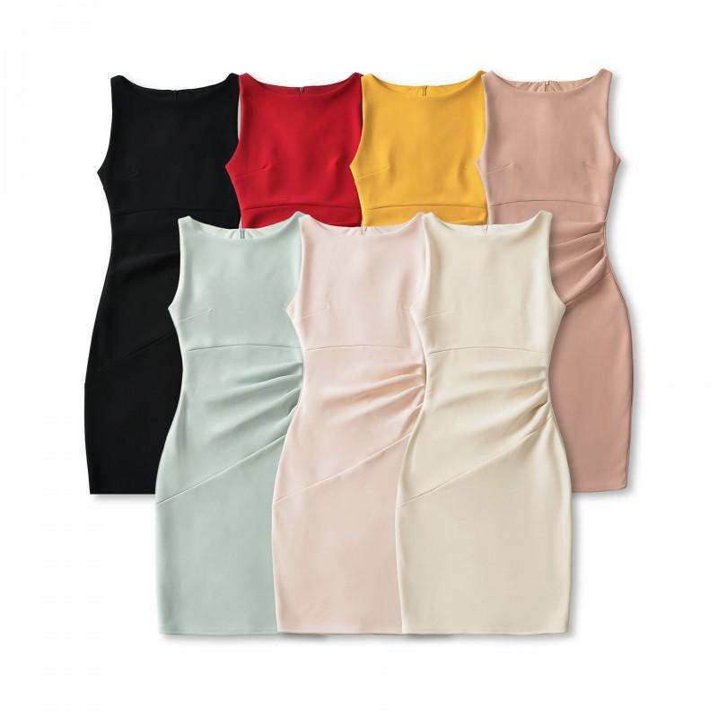 Womens Slim Fit Pleated Sleeveless Dress Bodycon Midi Length Casual Elegant Style