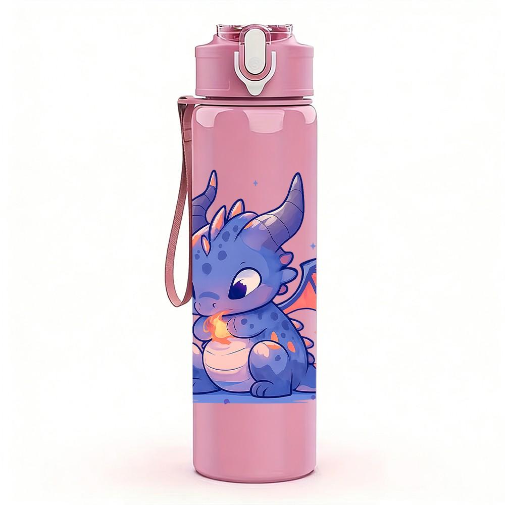 1PC Cute Blue Baby Dragon 750ml Color Plastic Sports Water Bottle Leakproof Flip Straw Lid Suitable for Sports Office Home Use