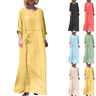 Женское однотонное повседневное плиссированное двустороннее карманное платье из хлопка и льна с круглым вырезом и длинными рукавами