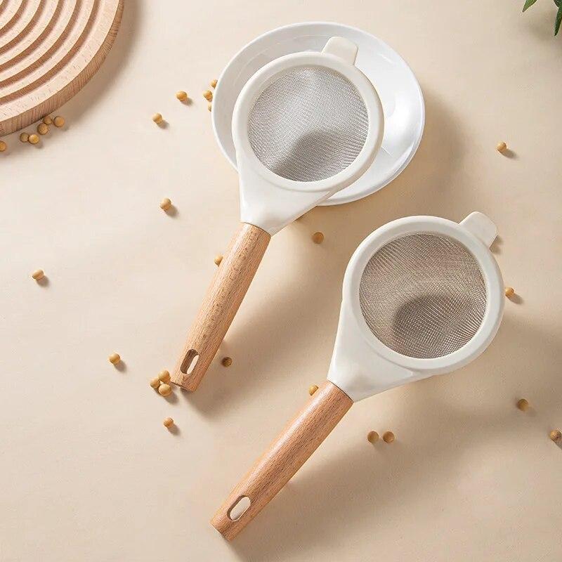 Stainless Steel Flour Sieve Sugar Powder Juice Soybean Milk Foam Filter Fine Screen Wooden Handle Household Kitchen Baking Tools