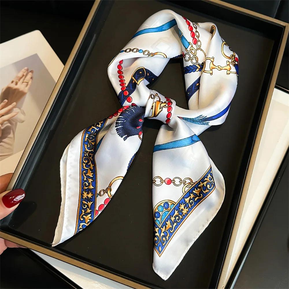 Luxury Design Chain Print Square Silk Scarf Lady Thin Neck Scarves Fashion Summer Sunscreen Headscarf For Women Bandana 70x70cm