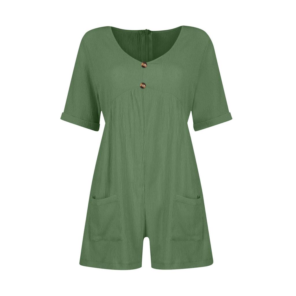 Women's Casual V-Neck Short Sleeve With Pockets Comfort Jumpsuit Shorts