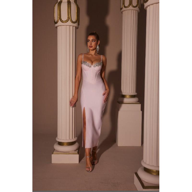 Elegant Rhinestone-Embellished Strapless Bandage Dress Women French Chic Formal Evening Party Gown In Solid Colors