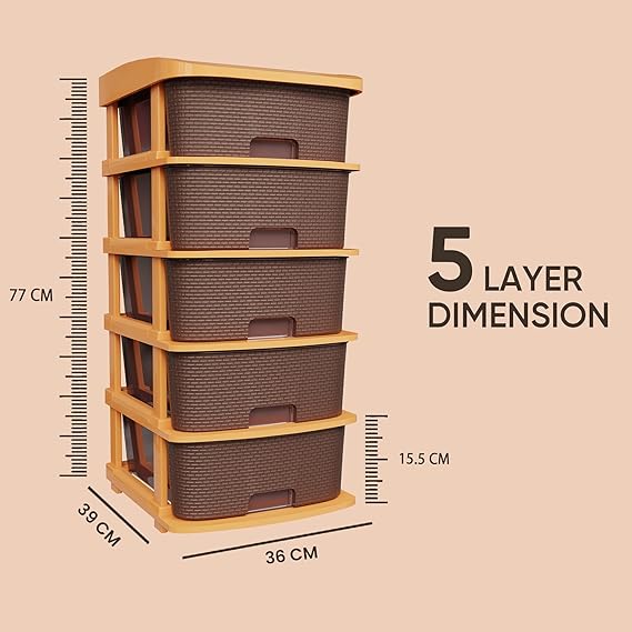 Plastic Modular Drawer Storage Chest Of Drawers Organizer Storage Box, Large Stomo Racks For Multipurpose Anti-slip Shoes Organizers | Brown | 5 Layer