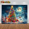 Mocsicka Big Christmas Tree Photography Background Forest Colorful Lamp Gift Party Decoration Snowman Santa Claus Photo Backdrop