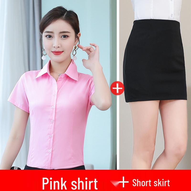 Женский летний рабочий костюм больших размеров с коротким рукавом - Белая рубашка приталенного кроя