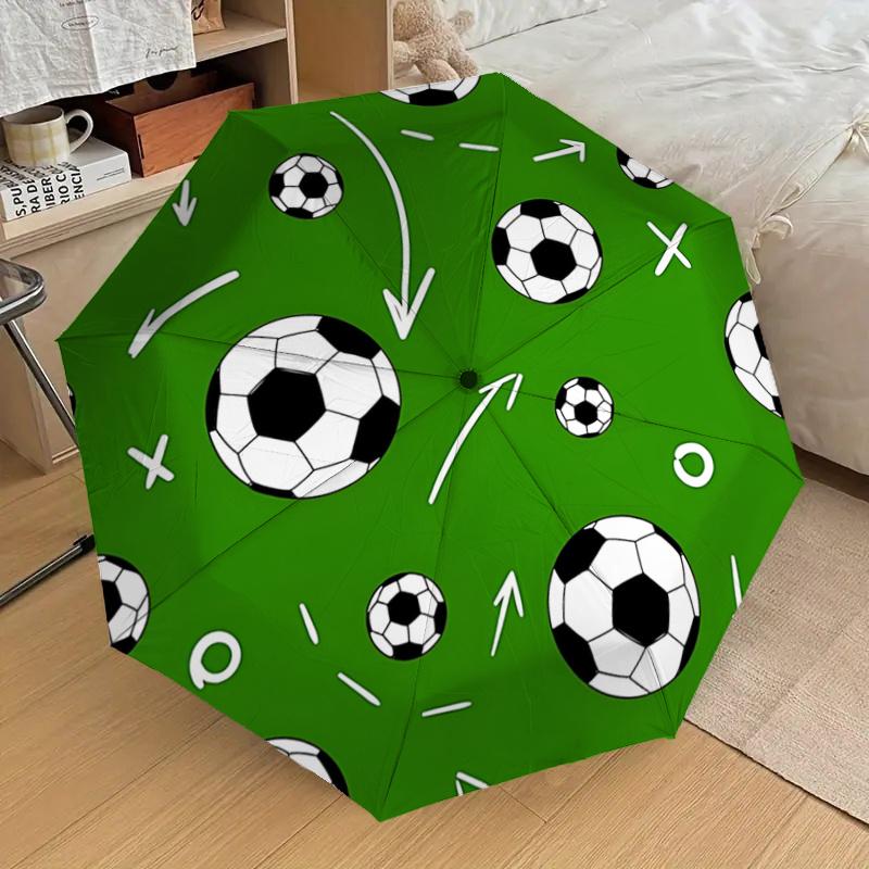 Soccer Ball Pattern Automatic Opening/Closing Umbrella - Portable Tri-Fold Design with 8-Bone Iron Frame - Outdoor Rain Gear for Fans, Trave