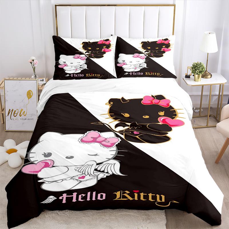 3pcs Hello Kitty Devil Angel Printed Bedding Set, Soft and Comfortable Quilt Cover for Bedroom, Guest Room (1 Duvet Cover + 2 Pillowcases, P