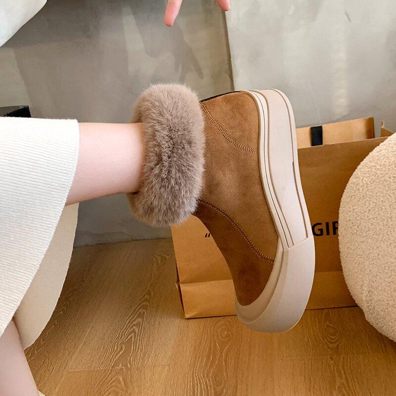 Ботильоны женские на меховой платформе для снега, замшевые балетки, плюшевые теплые хлопковые туфли, тренд 2025 года, удобные зимние модные повседневные ботинки для женщин