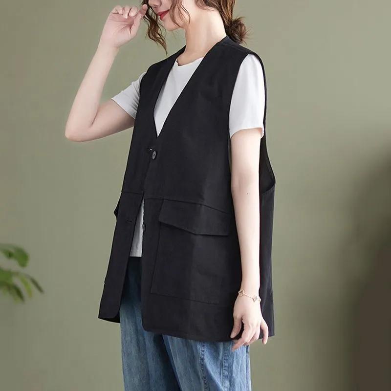 Женский жилет Хлопковые топы без рукавов Однотонный Оверсайз Повседневный V-образный вырез Жилет Куртка