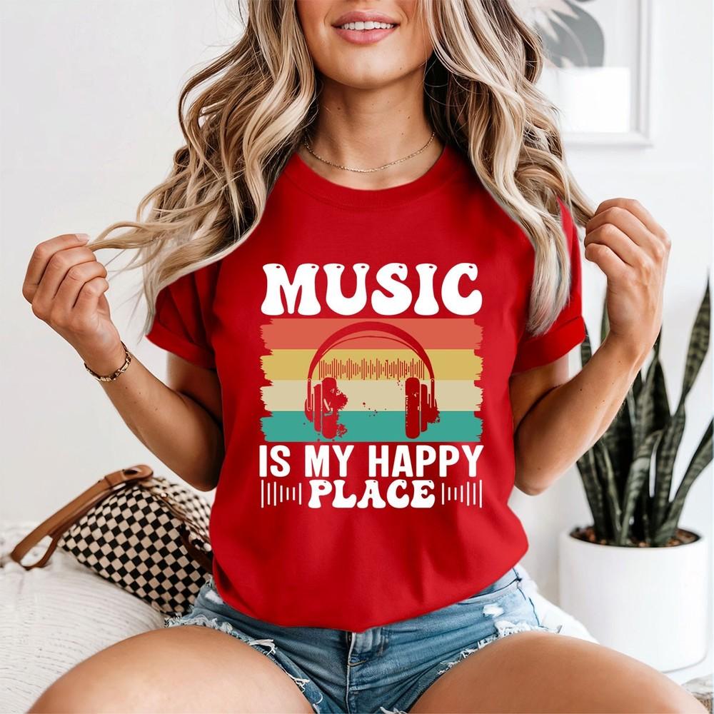 Music Is My Happy Place Music Lover Unisexs TShirt Retro Headphones