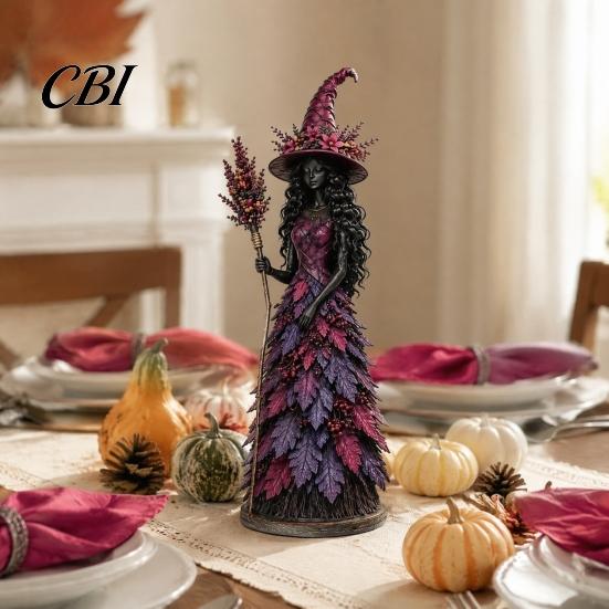 Autumn Home Decor Witch Figurine Statue, Resin Halloween Fall Tabletop Decor, Seasonal Mantle Display Shelf Ornament for Mantel Fireplace Desk Tiered