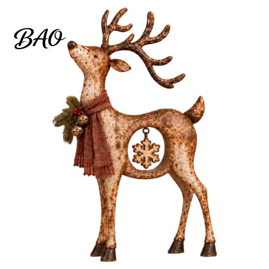Retro Style Xmas Mantel Accents Rustic Christmas Reindeer Figurine, Resin Statue with Hanging Snowflake, Red Handcrafted Ornaments Scarf And