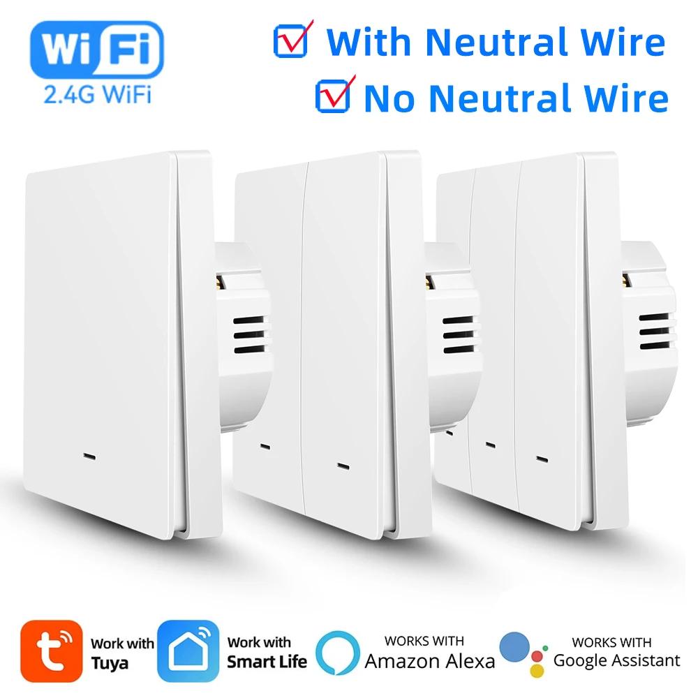 Умный WiFi выключатель света Tuya, кнопочный, без нейтрали/с нейтралью, управление через приложение Smart Life, Alexa, Google Home, Алиса