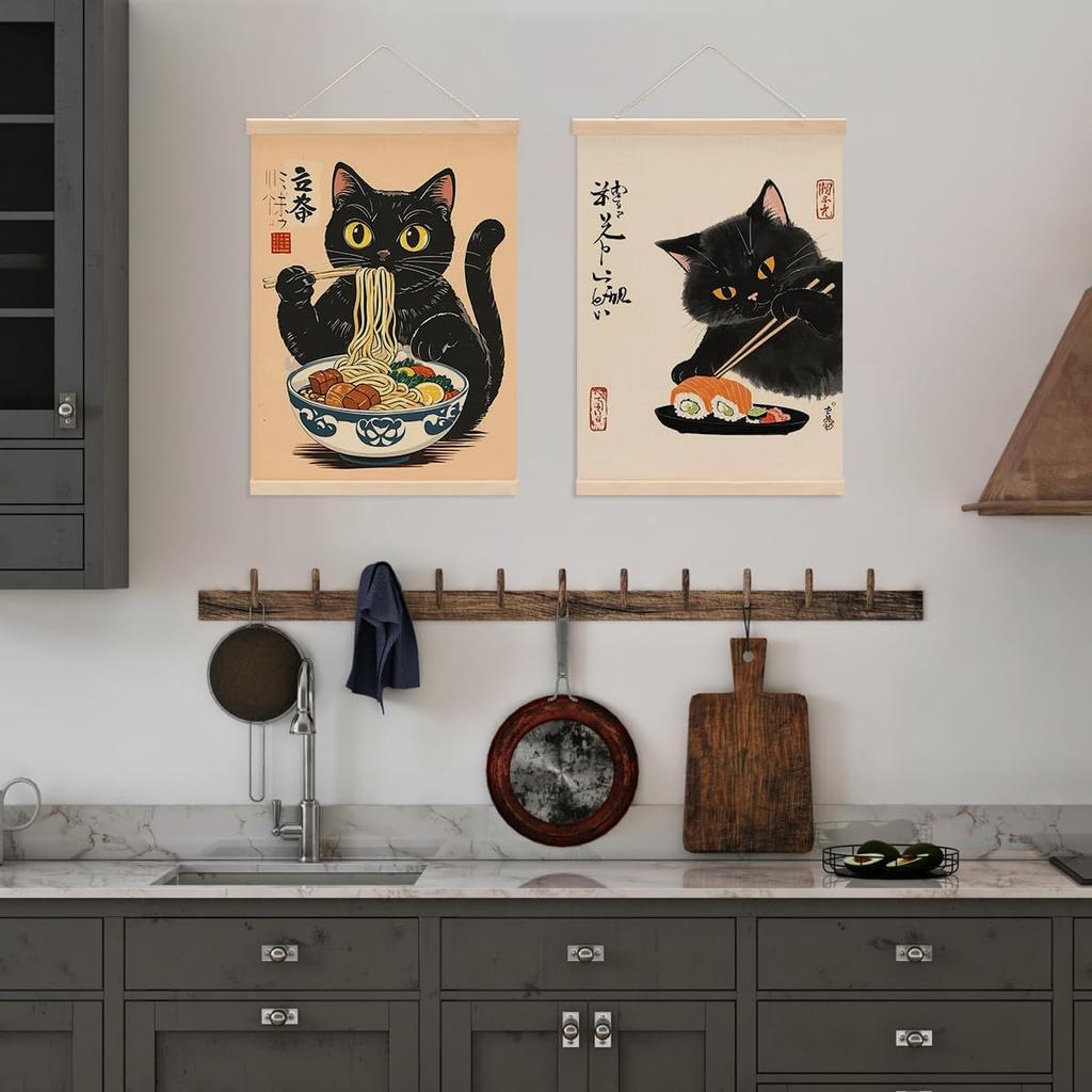 4 Pcs Vintage Japanese Cat Wall Art Hanging Banner, Japanese Noodle Sushi Linen Banner Poster Hanger Wall Decor for Home Kitchen Dining Room Wall