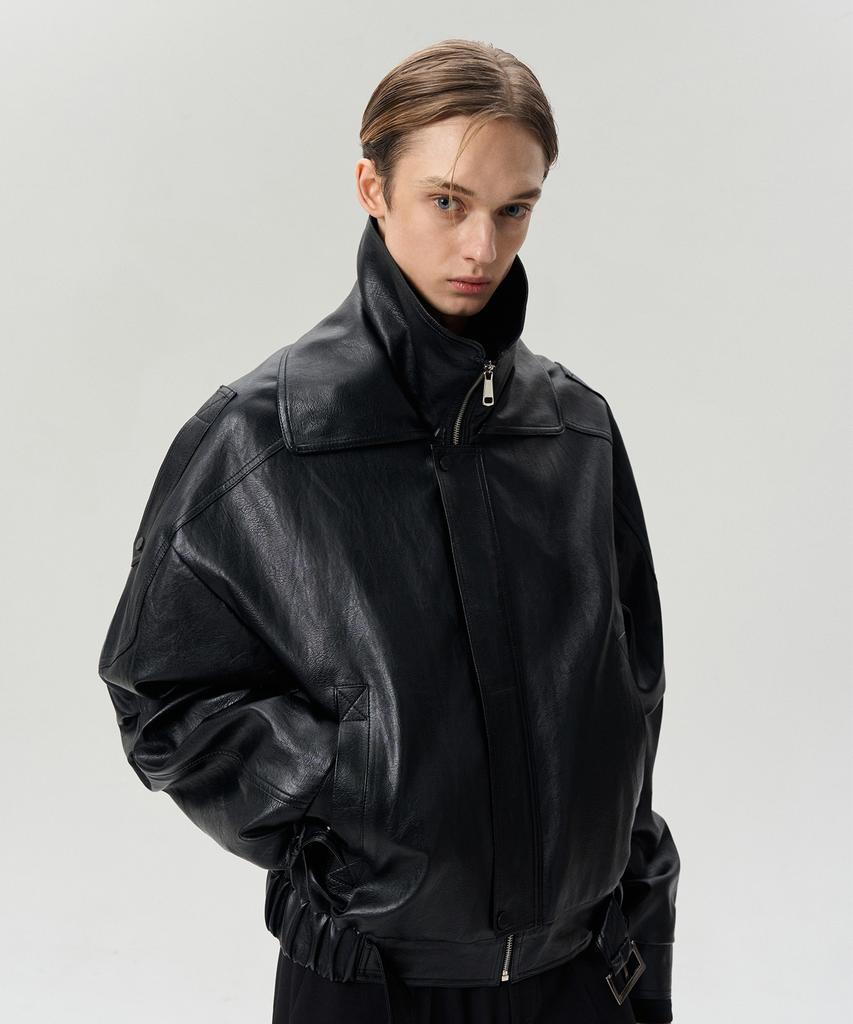 Rerhee Men Double Collar Belted Hem Jacket Black
